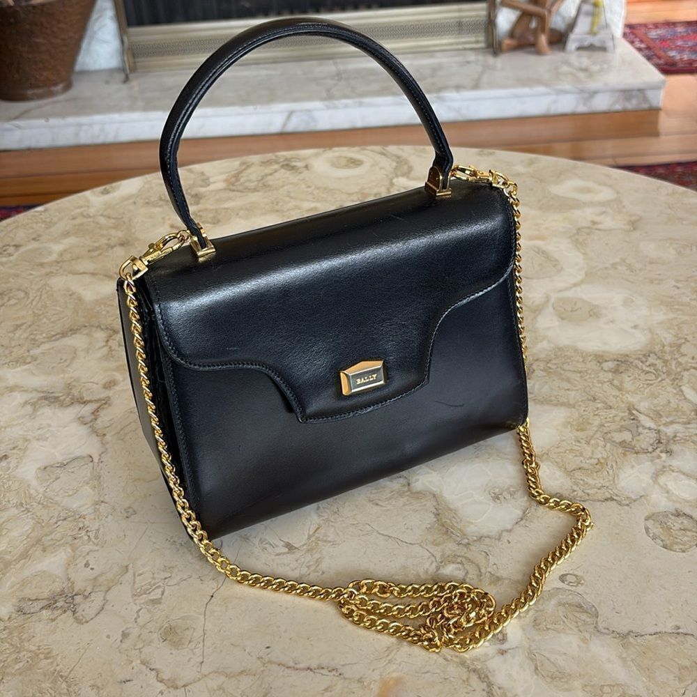 Bally Structured Leather Kelly Style Satchel Bag Detachable Metal Chain Strap - Picture 2 of 16